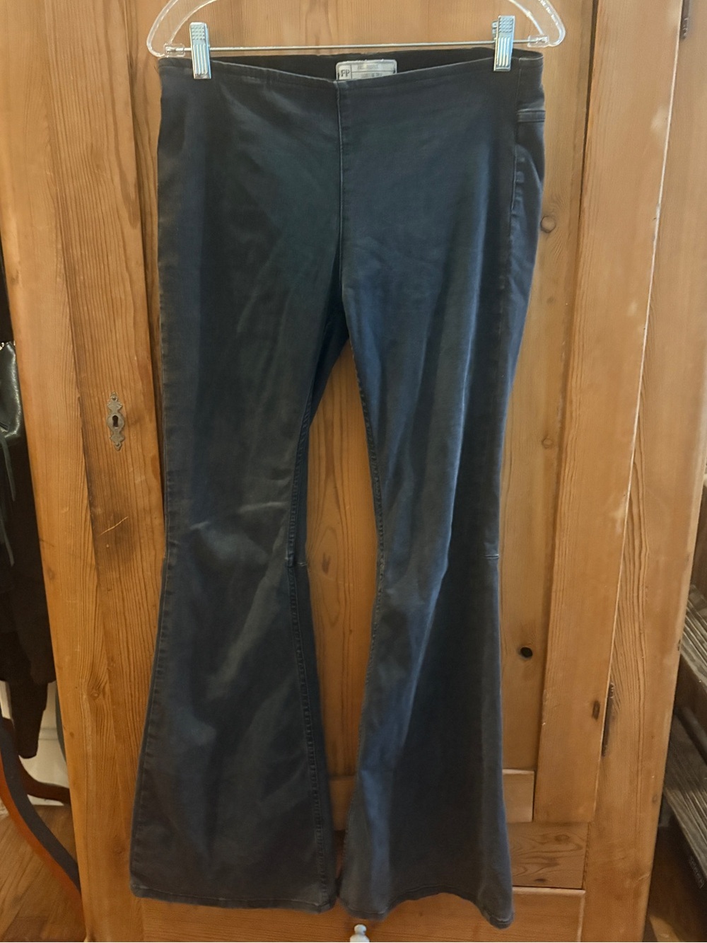 Free People Penny Pull On Flare Jeans Washed Black Sz 28 High Rise Bell Bottoms